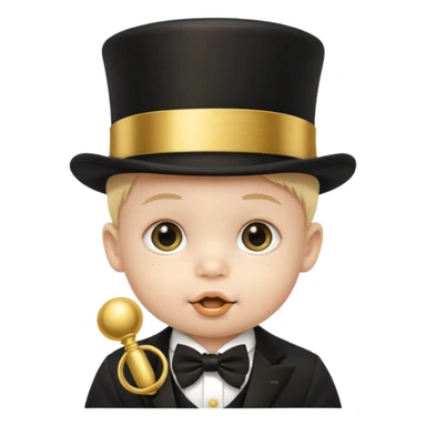 a baby's face in a black top hat with a gold stripe and a gold pacifier sticker
