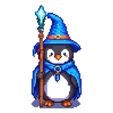pixel art penguin wizard with a blue robe and staff sticker