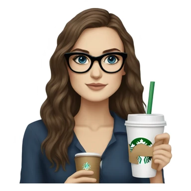 Photo of elegant Keira Knightly wearing black glasses and blue eyes holding Starbucks  sticker