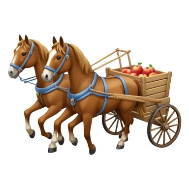 isometric two horses side by side pulling a cart, apple emoji style sticker