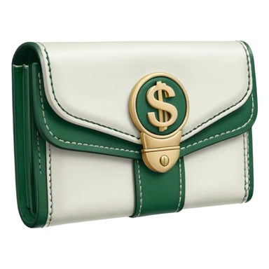 white wallet with dark green details, white dollar bills with dark green elements visible, no emojis sticker
