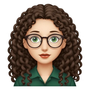 rapariga, olhos verdes escuros, cara comprida, cabelos muito compridos aos caracóis, com óculos sticker