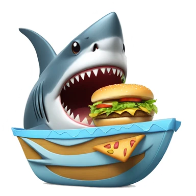 A shark with a hat in a boat eating a hamburger happy sticker
