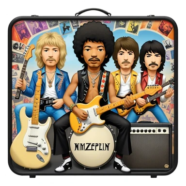 Rock music icon: powerful stage with electric guitars, drums, and amplifiers. Collage of rock icons—Jimi Hendrix, Led Zeppelin, Nirvana, and The Rolling Stones—symbolizing the energy and rebellion of rock. Transparent background. sticker