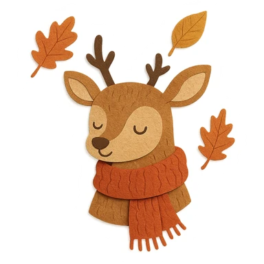 deer in a wooly scarf among falling leaves, cozy fall palette, paper-craft style sticker