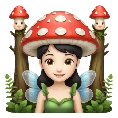 mushroom fairy portrait, head and shoulders only, wearing a large mushroom cap hat, tiny glowing wings visible behind shoulders, cute magical smile, forest fantasy vibe, 3D cartoon, mobile game icon style, clean background, no text, no watermark.balck hair sticker