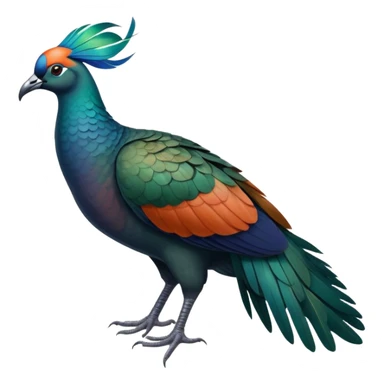 Nicobar pigeon with iridescent blue-green feathers, long neck feathers, bright orange beak, and white tail sticker