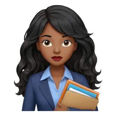 A young woman with long black hair, a wavy frange falling on half of her head. There's a long wavy stretch of hair falling on the side of her head. She's black, medium to dark skinned with thick lips. She's holding folders, and she's a CEO, but she's wearing casual clothes. she has long eyelashes. sticker