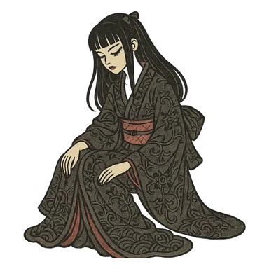 gothic girl, traditional Japanese print, gothic kimono, elegant pose, ukiyo-e style sticker