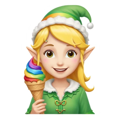 A cheerful elf girl with pointy ears holding a rainbow ice cream cone, smiling brightly.

 sticker