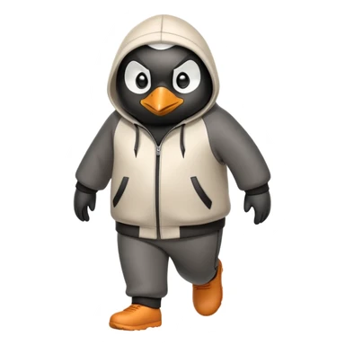 friendly anthropomorphised penguin wearing a mafia-style tracksuit, angry expression, tense hurried stride sticker