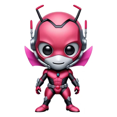 A cute and futuristic ant man mascot with JOKER style. His body is primarily in red-pink and light pink, with subtle dusk black details for contrast. sticker