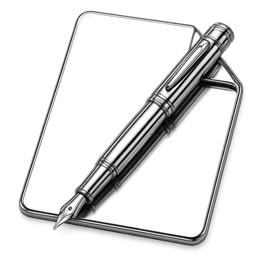 chrome style piece of paper with a metallic pen resting on it, highly reflective and polished sticker