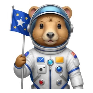 Capypara in space suit, holding blue rectangle flag sticker