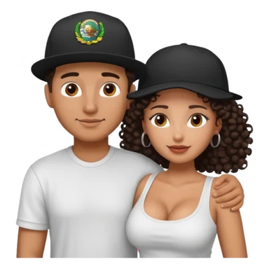 A picture of an embracing tanned couple. the man is a Mexican man with tanned skin, with a bald hair cut wearing a SnapBack hat and a black shirt. the woman has curly dark brown hair and with big boobs   sticker