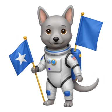 a gray dog in space suit, holding blue rectangle flag, full body, front view sticker