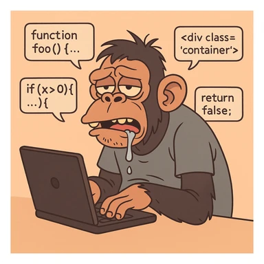 ugly coding ape, slouched posture, drooling, surrounded by code snippets, goofy expression, cartoonish sticker