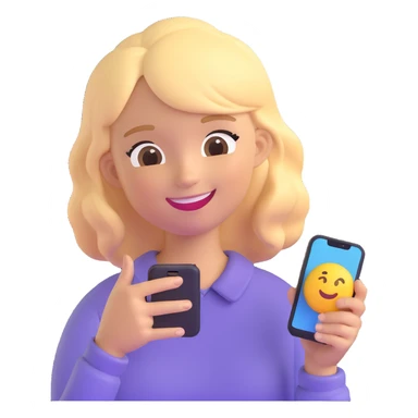 girl holding a smartphone, smiling, emoji style, with blonde hair sticker