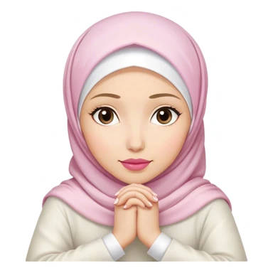 white hijab women are listening with her hands folded on the table. her lips is pink. sticker