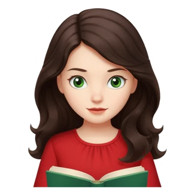 Long wavy dark brown haired, white skinned, dark green eyed girl in red blouse reading a book sticker