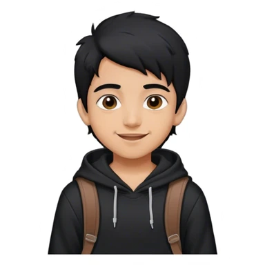 Cheerful white Indian teenager boy with black hair . He's wearing a black hoodie and bag on back sticker