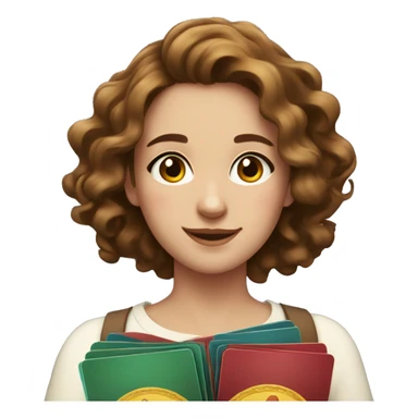 a young woman with wavy brown hair. She has a friendly expression and is holding several ornate cards sticker