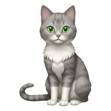 full body view of beautiful female grey cat with green eyes, white toes and white chest sticker