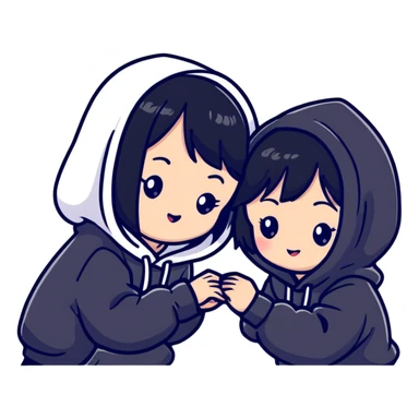 Two adorable Japanese girls with black hair wearing casual Western clothing like hoodies or blouses, their cheeks touching, kawaii style sticker
