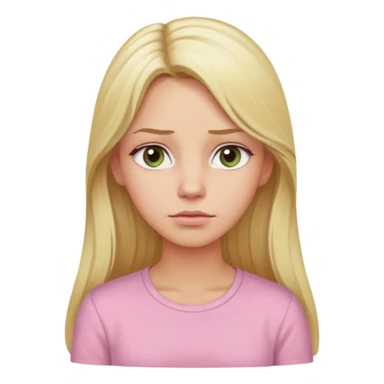 blonde with long hair and swamp-colored eyes, wearing a pastel pink shirt, thoughtful expression, iOS Apple emoji style sticker