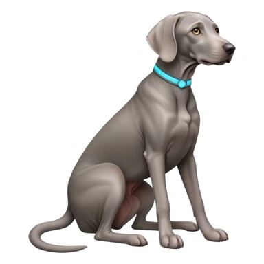 cinematic-[weimaraner-realistic-full-body-sitting-emoji,-tail-resting-loosely-beside-its-paws,-head-tilted-dramatically, -sleek-[grey]-fur,-simplified-yet-realistic-focused-features,-highly-detailed,-glowing-with-an-almost-sarcastic-glow sticker