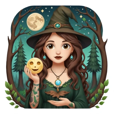 cute forest witch woman long wavy brown hair tattoos holding tiny moon sticker