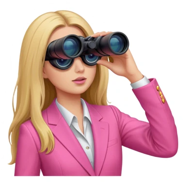 woman with long hair in an intensive color pink suit looking through binoculars, front view, upper body sticker