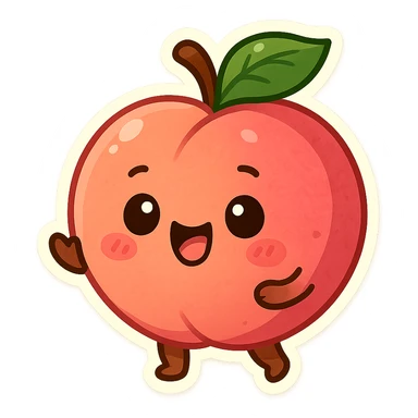 playful peach character, cute and lively, bright colors, chibi style sticker