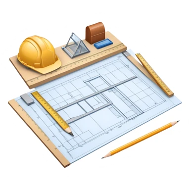 Sleek icon for Architecture: engineer's drawing board with building blueprints, 3D model of the building out of board, pencil, ruler, protractor. Transparent background. sticker