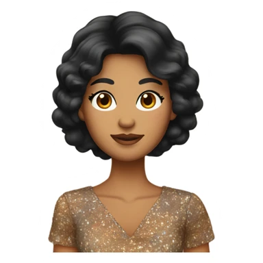 Tanned woman with black hair wearing 1970s style dress and hair sticker