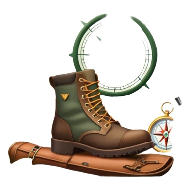 Icon for Hunting Tourism: a rifle, hunting boots, and a compass on a forest background, with a silhouette of wildlife in the distance. The icon should capture the adventure and connection with nature in hunting tourism. Transparent background. sticker