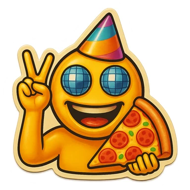Make the left hand clearly form a finger gun gesture, while keeping the rest of the emoji the same: laughing face with disco ball eyes, tilted party hat, and holding pizza in the other hand, with no background. sticker