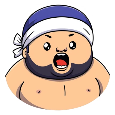 Super extreme tight close-up of just the face of morbidly obese white skin guy with young face, prominent BLACK DURAG tied clearly on head, black beard but no mustache, clean shaven upper lip, black eyes, mouth wide open screaming angrily sticker
