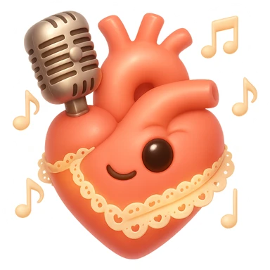 Make the anatomical heart with a classic microphone embedded, music notes floating around, even more romantic in emoji style. Add lace details, soft lighting, and a gentle glow. No background. sticker