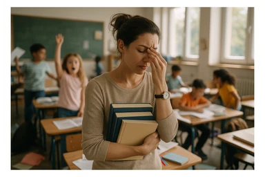 photograph of exhausted teacher in a bustling classroom sticker