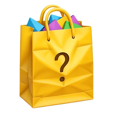 White bag with yellow questions mark cube boxes stuffed in it sticker