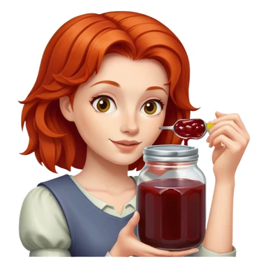 redhead woman showing a glass jar with jam at arms length, closeup sticker