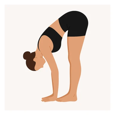 Minimalist flat vector illustration of a woman doing yoga in forward fold pose (Uttanasana), wearing sportswear (black top and black shorts), brown hair in a bun, clean white background, no face details, elegant style sticker