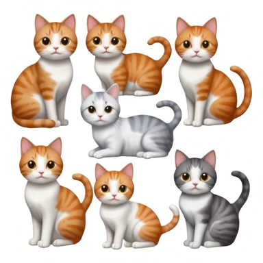 6 cats: 1 small ginger and white, 1 small brown tabby and white, 1 small grey and white, 1 big grey and white, 1 mostly grey with white paws and small white patch on chest and 1 calico sticker