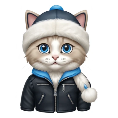 Ragdoll cat wearing a leather jacket and a beanie sticker