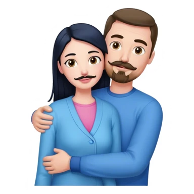 Tall white man with brown mustache goatee wearing blue hugging a short pale woman with long black hair wearing pink sticker