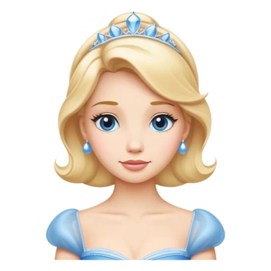 Cinematic Elegant Cinderella Portrait Emoji, rendered in a flat, vector-style with minimal shading and bold, simplified shapes. Depict Cinderella in her classic ball gown (chest and above) with fair, porcelain skin and elegantly styled blonde hair, her eyes soft and kind, and her expression serene and graceful. The design glows with a gentle, enchanting radiance and high shine, capturing the timeless beauty of a fairy tale princess. sticker