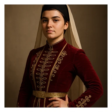 Chechen girl, 20 years old, short brown hair, in a classic Chechen outfit, confident and proud sticker