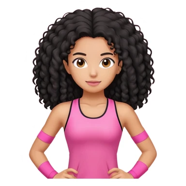 Girl with black frizzy long hair, in pink gym out fit, with tan light skin sticker