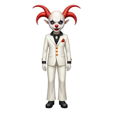 full-body demonic clown in a white leisure suit with bellbottom pants, bald, with black ram horns, wearing elevator shoes sticker